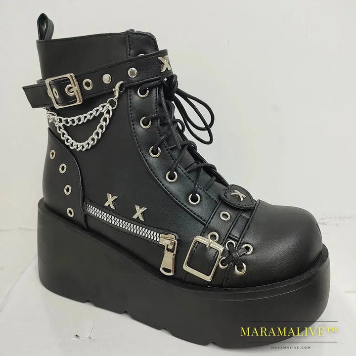 Women Platform Gothic Ankle Combat Boots Rivet Chain Wedges Punk Cosplay Zip Booties Autumn Winter Motorcycle Shoes