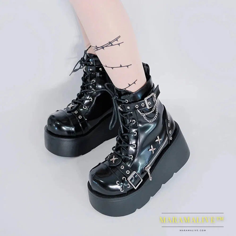 Women Platform Gothic Ankle Combat Boots Rivet Chain Wedges Punk Cosplay Zip Booties Autumn Winter Motorcycle Shoes