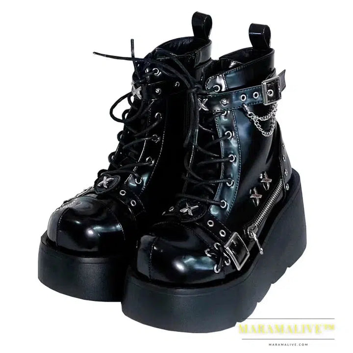 Women Platform Gothic Ankle Combat Boots Rivet Chain Wedges Punk Cosplay Zip Booties Autumn Winter Motorcycle Shoes