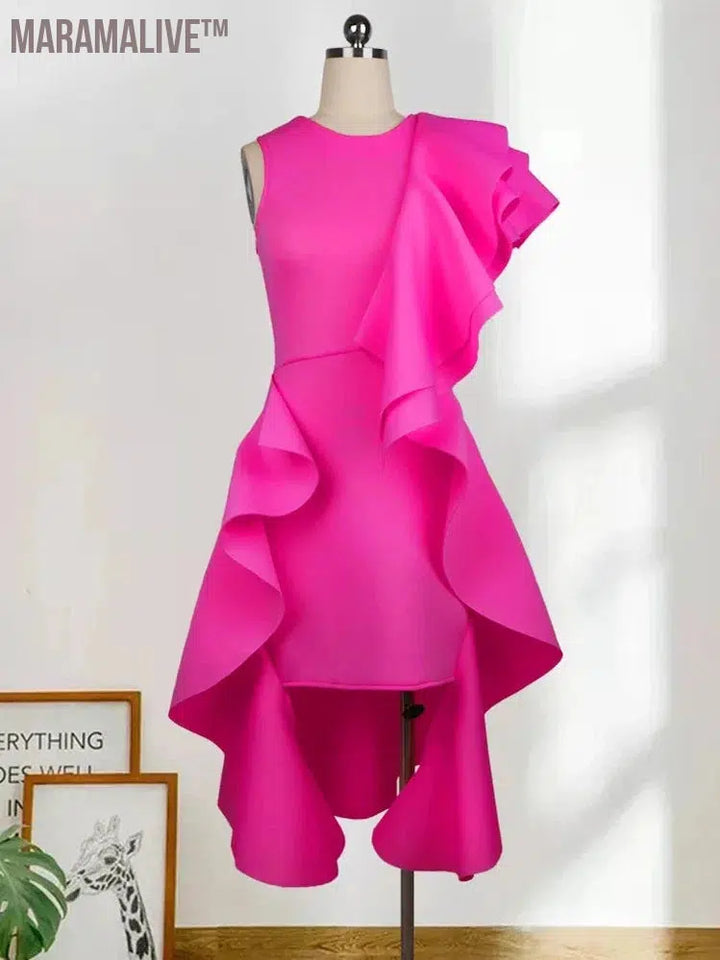 Women Plus Size Pink Party Dresses Cute Ruffles Sleeveless Mini Dress Lady Nightclub Prom Homecoming Clothes 3XL 4XL