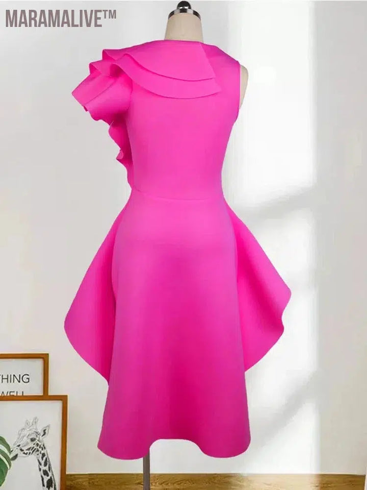 Women Plus Size Pink Party Dresses Cute Ruffles Sleeveless Mini Dress Lady Nightclub Prom Homecoming Clothes 3XL 4XL