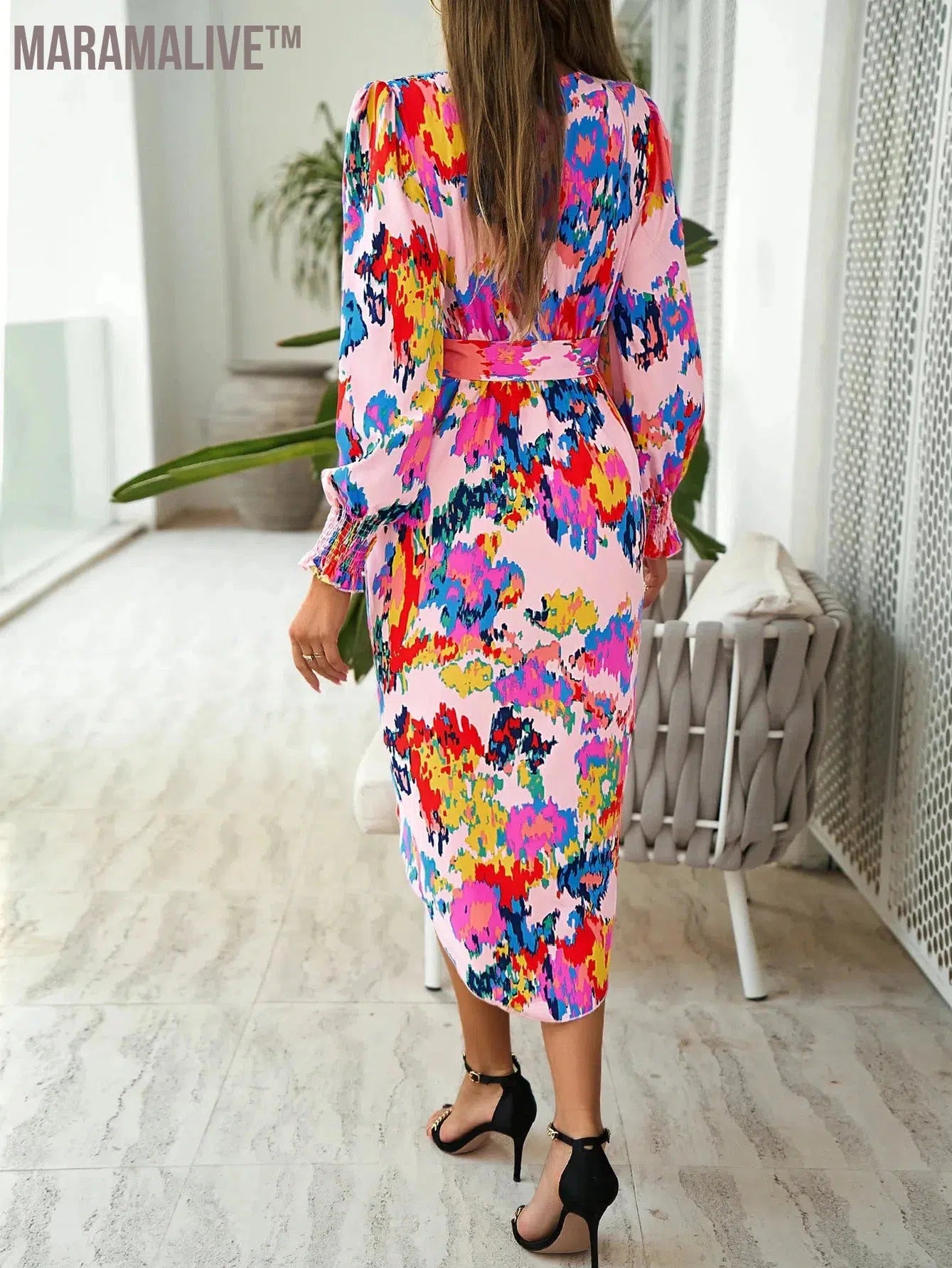 Women Print Skirt V-Neck Retro Irregularly Pleated Zou Long Dress Long Sleeve Floral Midi Women Dress Casual Elegant Dresses