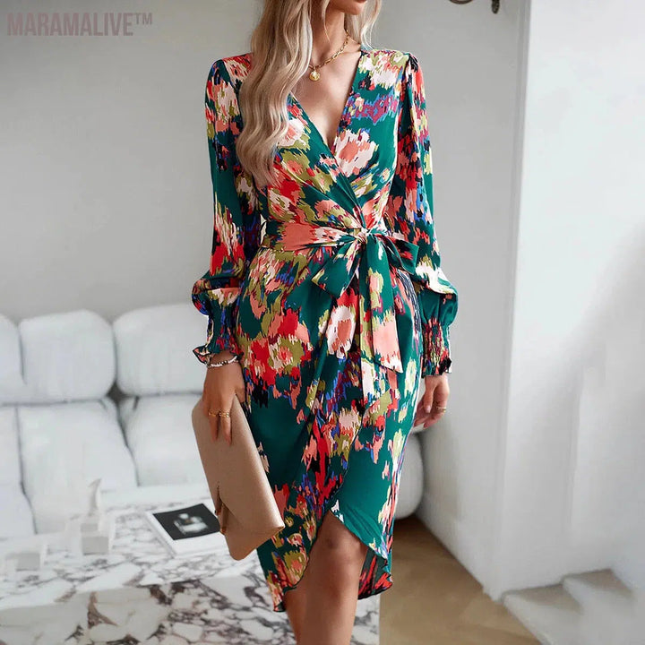 Women Print Skirt V-Neck Retro Irregularly Pleated Zou Long Dress Long Sleeve Floral Midi Women Dress Casual Elegant Dresses