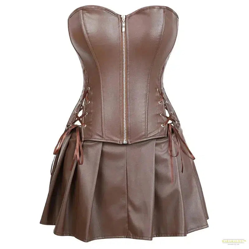 Women Punk Dresses Zipper Gothic PU Leather Corset Top PU Leather Corset Mini Skirt Sexy Ladies Eyelet Lace Up Pleated Dress