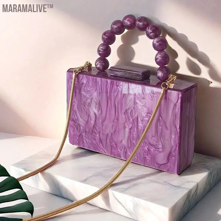 Women Purple Beaded Handle Marble Evening Shoulder Bag Bridal Clutch Purse Party Prom Wedding Envelope Handbag Lady Mini Flap