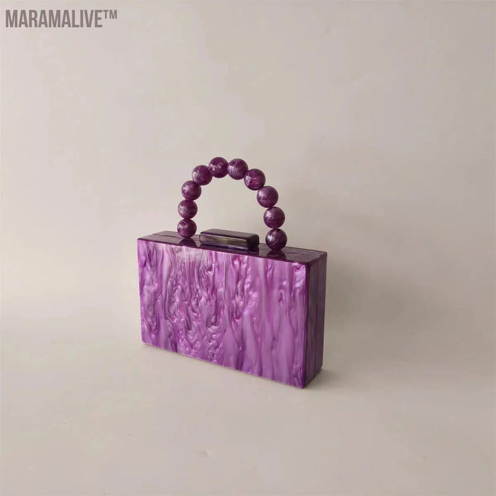 Women Purple Beaded Handle Marble Evening Shoulder Bag Bridal Clutch Purse Party Prom Wedding Envelope Handbag Lady Mini Flap