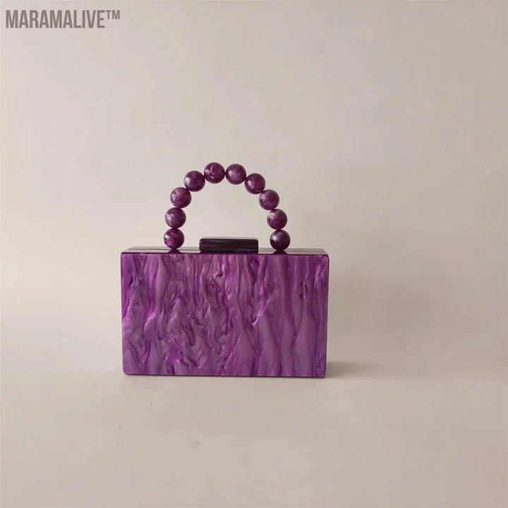 Women Purple Beaded Handle Marble Evening Shoulder Bag Bridal Clutch Purse Party Prom Wedding Envelope Handbag Lady Mini Flap