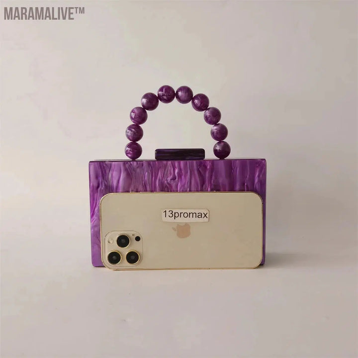 Women Purple Beaded Handle Marble Evening Shoulder Bag Bridal Clutch Purse Party Prom Wedding Envelope Handbag Lady Mini Flap