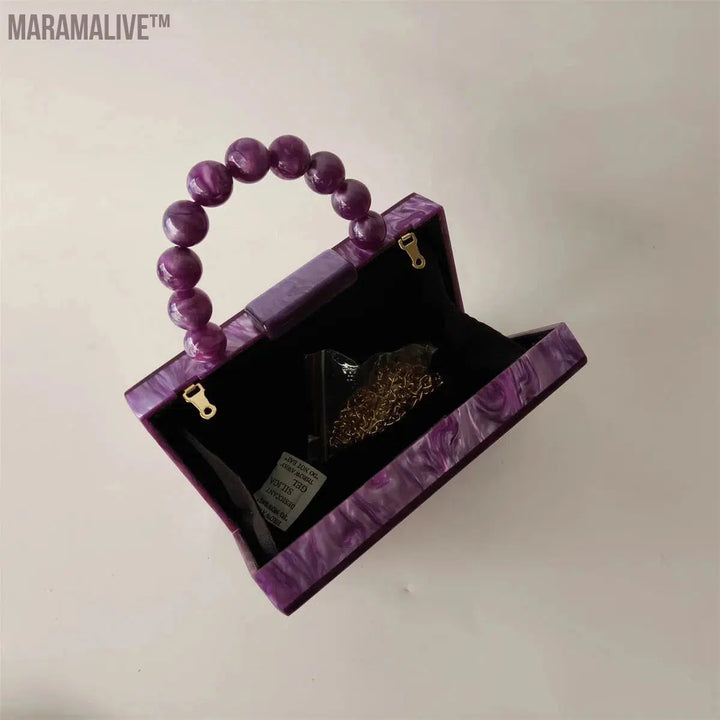 Women Purple Beaded Handle Marble Evening Shoulder Bag Bridal Clutch Purse Party Prom Wedding Envelope Handbag Lady Mini Flap