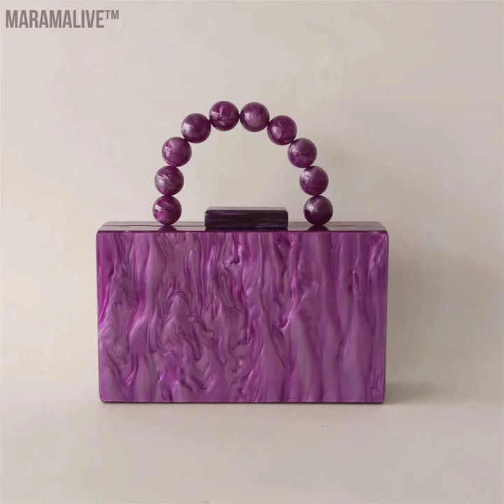 Women Purple Beaded Handle Marble Evening Shoulder Bag Bridal Clutch Purse Party Prom Wedding Envelope Handbag Lady Mini Flap