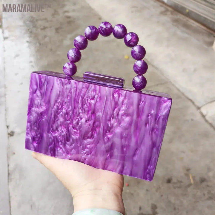 Women Purple Beaded Handle Marble Evening Shoulder Bag Bridal Clutch Purse Party Prom Wedding Envelope Handbag Lady Mini Flap