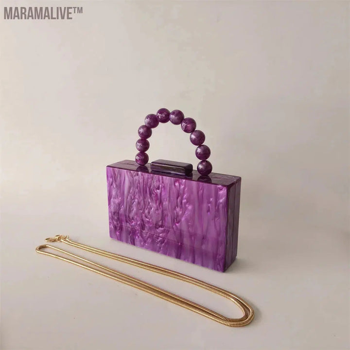 Women Purple Beaded Handle Marble Evening Shoulder Bag Bridal Clutch Purse Party Prom Wedding Envelope Handbag Lady Mini Flap