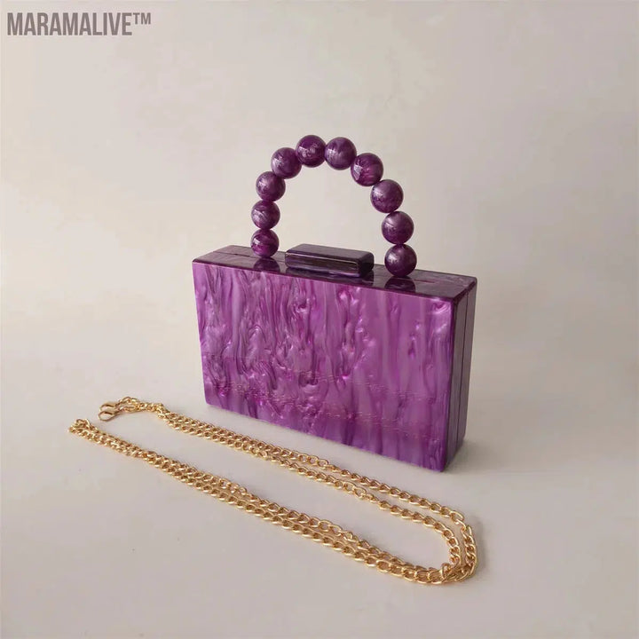 Women Purple Beaded Handle Marble Evening Shoulder Bag Bridal Clutch Purse Party Prom Wedding Envelope Handbag Lady Mini Flap