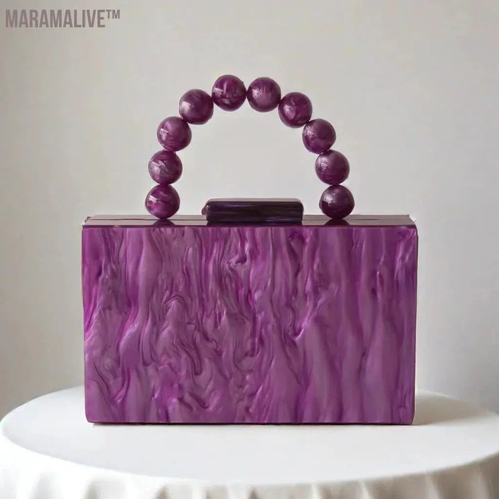 Women Purple Beaded Handle Marble Evening Shoulder Bag Bridal Clutch Purse Party Prom Wedding Envelope Handbag Lady Mini Flap