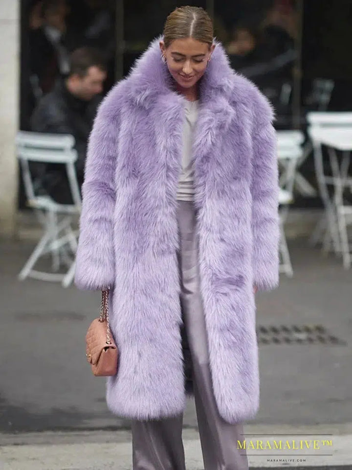 Women Purple Thick Faux Fur Jacket Colorblock Autumn Winter Maxi Coat Long Warm Luxury Belt Fur Parkas Furry Outerwear