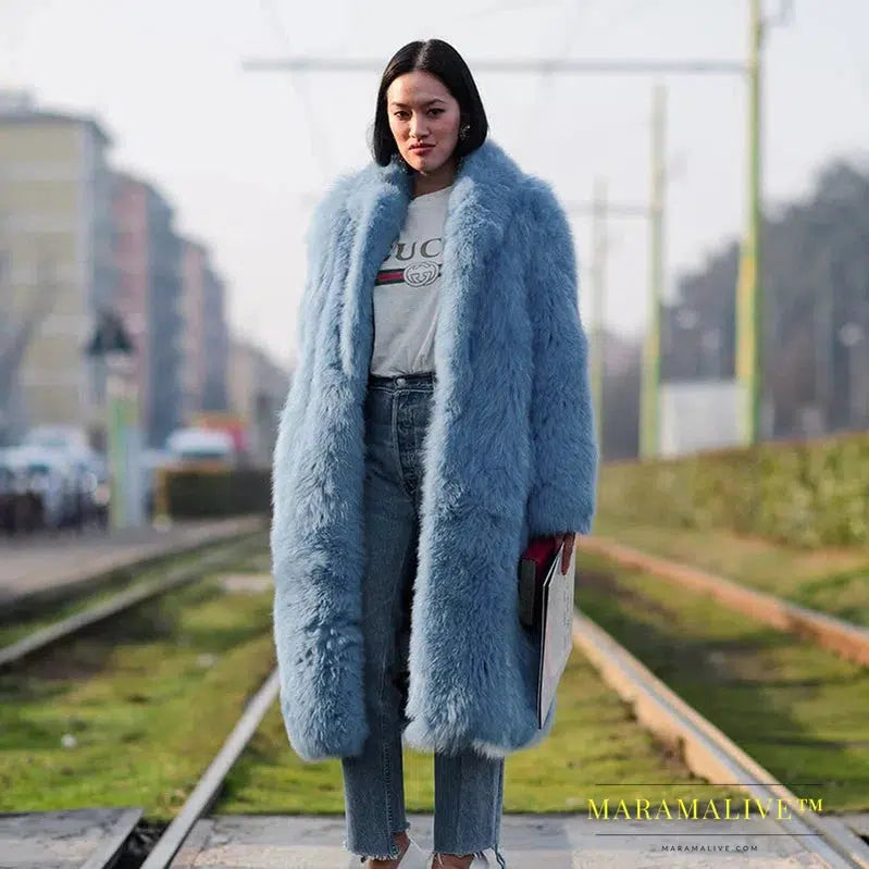 Women Purple Thick Faux Fur Jacket Colorblock Autumn Winter Maxi Coat Long Warm Luxury Belt Fur Parkas Furry Outerwear