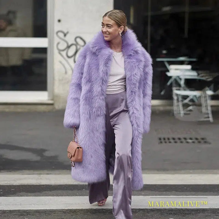 Women Purple Thick Faux Fur Jacket Colorblock Autumn Winter Maxi Coat Long Warm Luxury Belt Fur Parkas Furry Outerwear