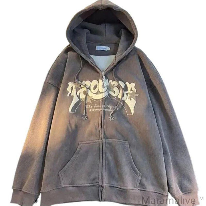 Women Retro Embroidery Hoodies Autumn Winter Zip Up Long Sleeve Loose Jacket Coats Y2K Casual Pocket Hooded Sweatshirts