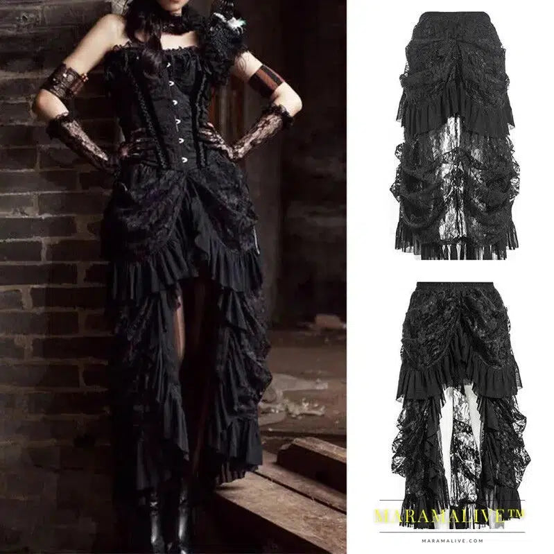 Women Retro Lace Up Ruffle Steampunk Gothic Goth Punk Rock Victorian Long Skirt