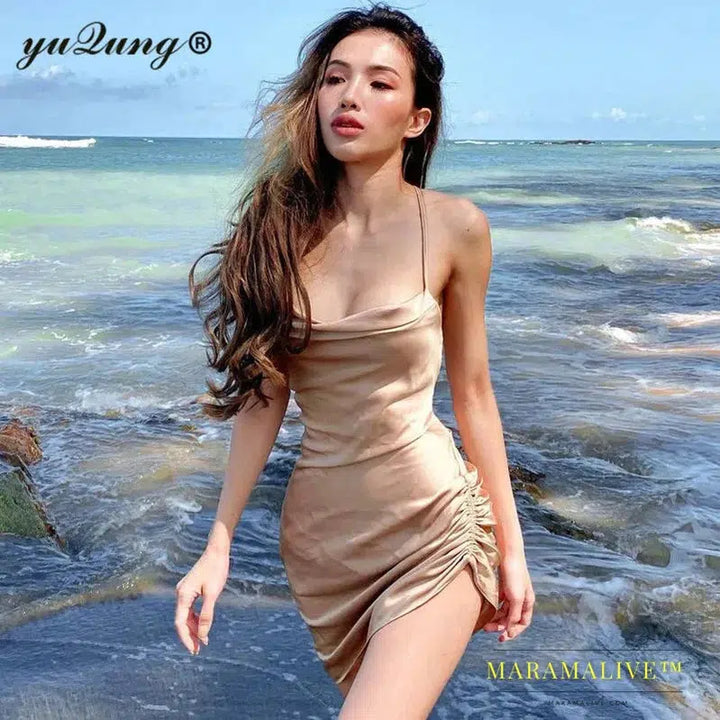 Women Satin Backless Lace Up Strap Ruched Drawstring Mini Dress Sexy Faux Silk Strapless Party Club Beach Short Dresses