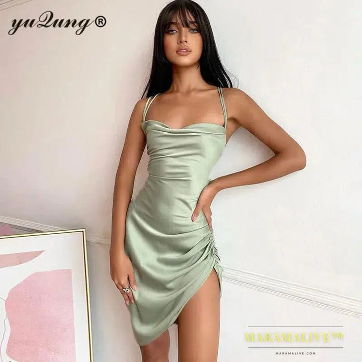 Women Satin Backless Lace Up Strap Ruched Drawstring Mini Dress Sexy Faux Silk Strapless Party Club Beach Short Dresses