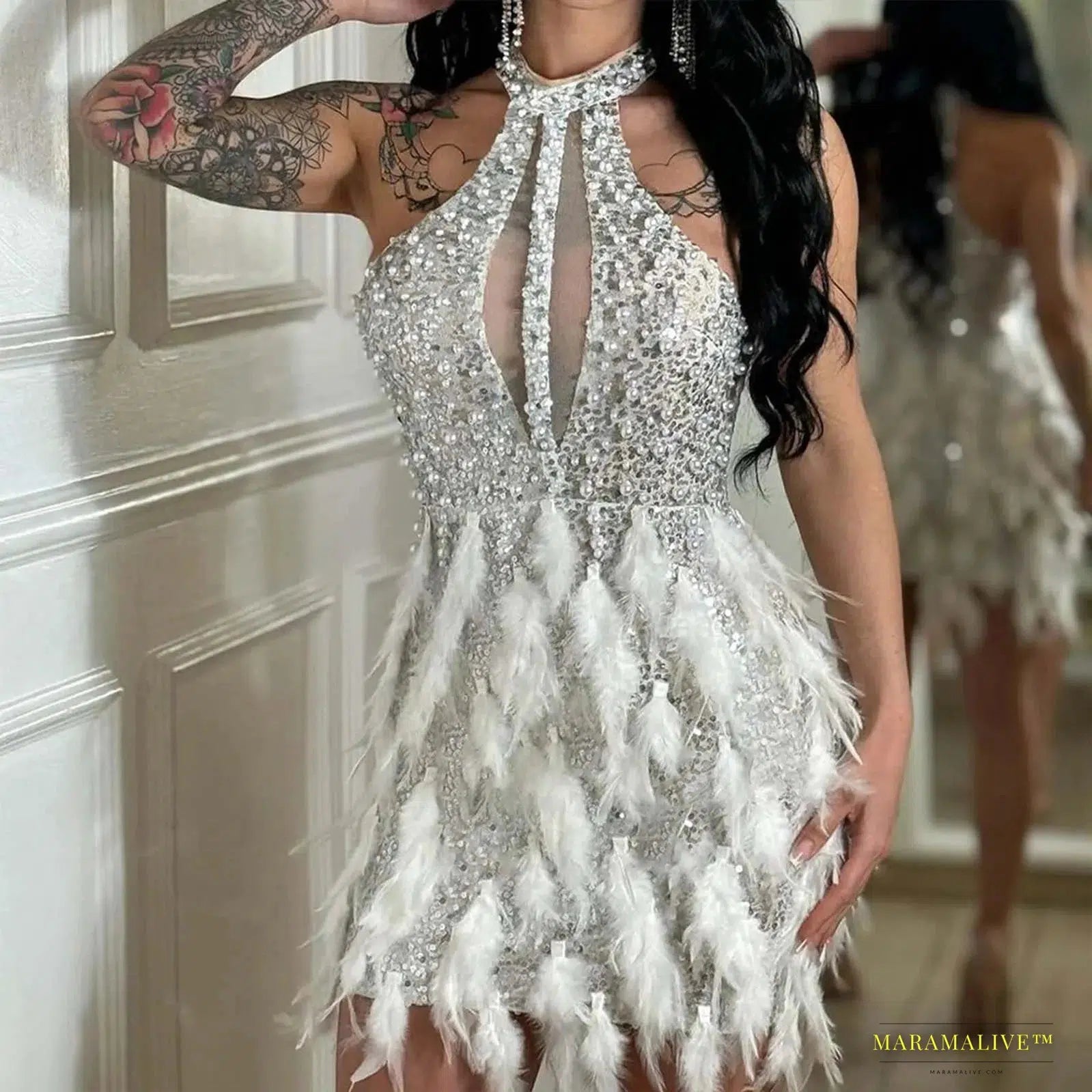 Women Sequined See Through Feather Strap Bodycon Mini Dress 2024 Summer Sexy Night Party Club Prom Vestidos Dresses