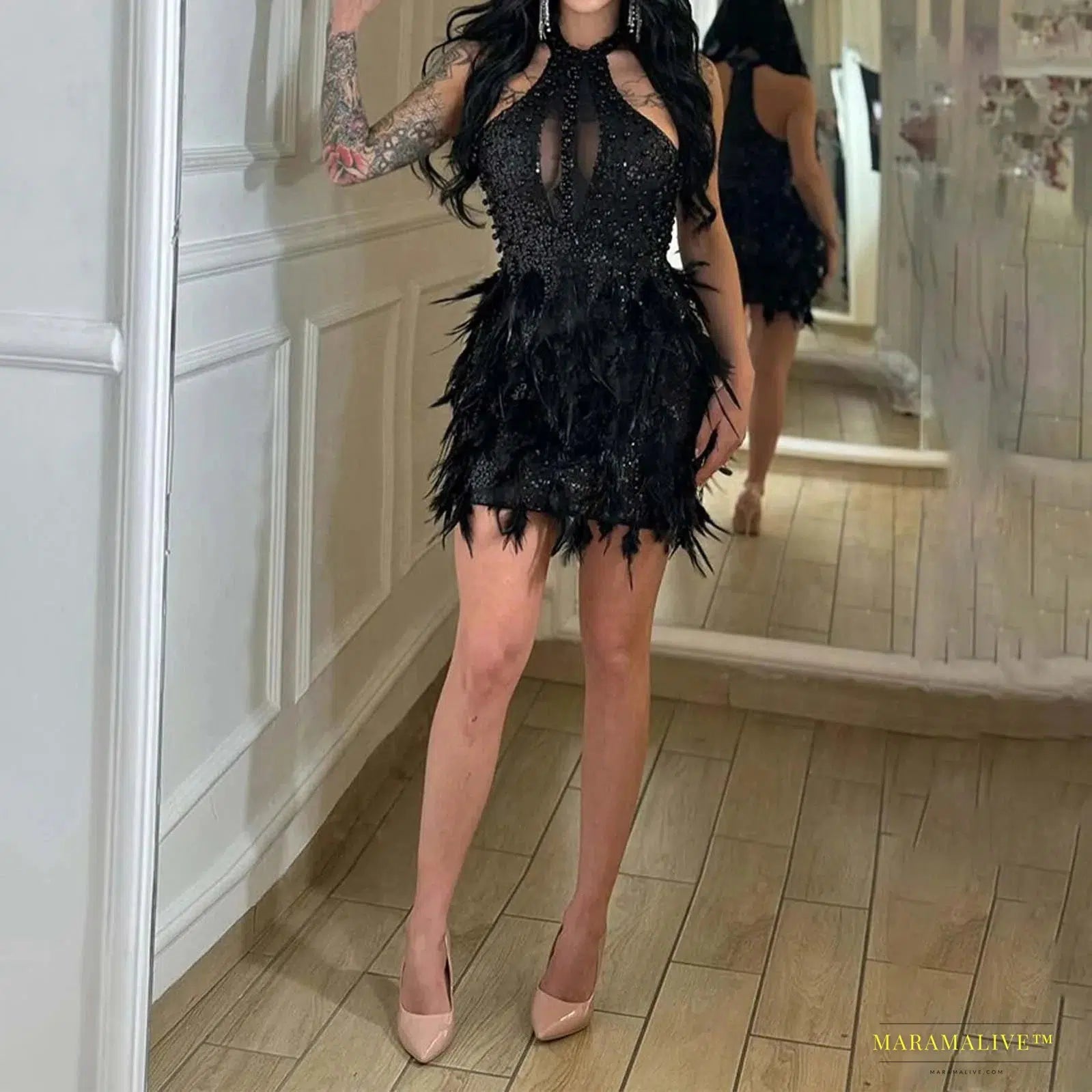 Women Sequined See Through Feather Strap Bodycon Mini Dress 2024 Summer Sexy Night Party Club Prom Vestidos Dresses