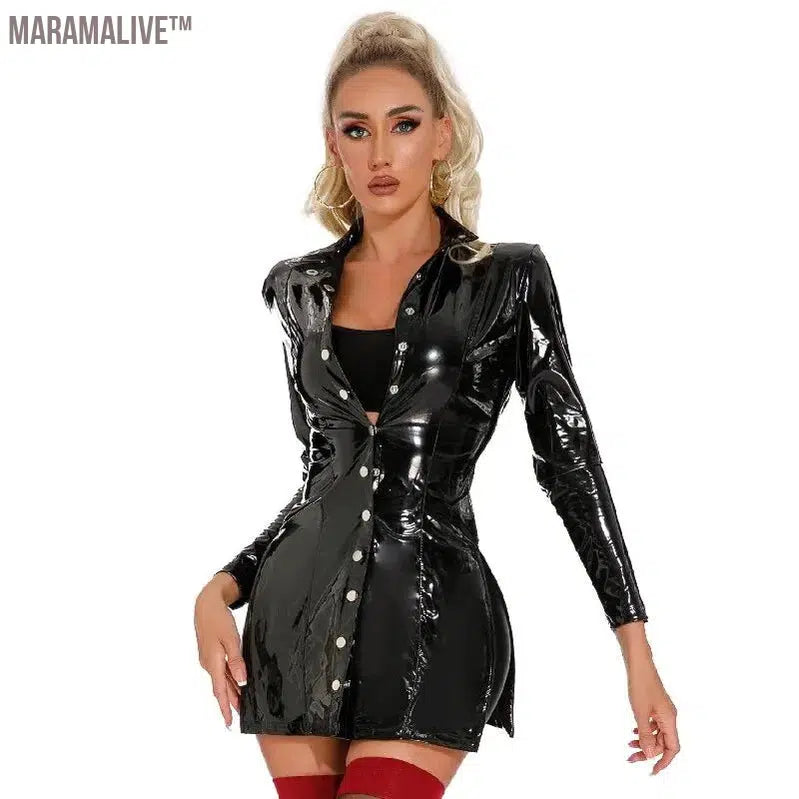 Women Sexy Glossy Leather Dress Long Sleeve Shiny Latex Short Skirt Hot Porn Open Breast Exposing Clubwear Sexi