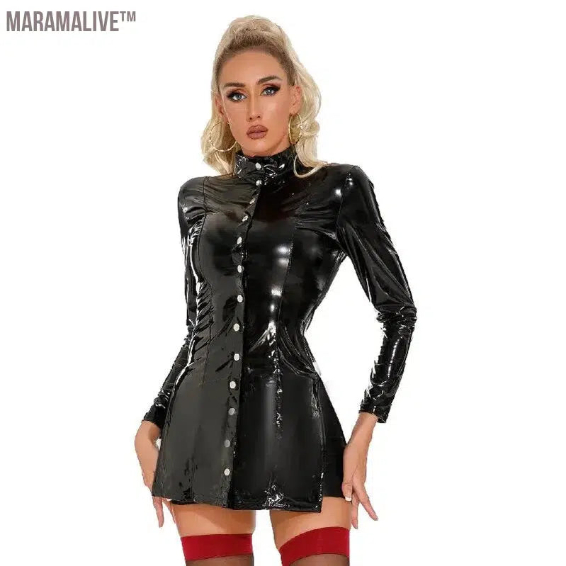 Women Sexy Glossy Leather Dress Long Sleeve Shiny Latex Short Skirt Hot Porn Open Breast Exposing Clubwear Sexi