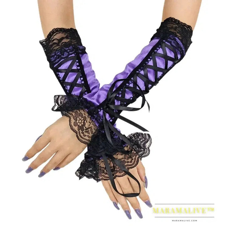 Women Sexy Lace Long Gloves Winter Elbow Length Half-finger Gloves Ribbon Fingerless Fishnet Mesh Etiquette Party Goth Gloves