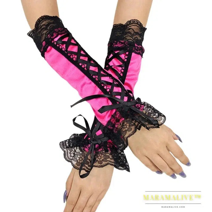 Women Sexy Lace Long Gloves Winter Elbow Length Half-finger Gloves Ribbon Fingerless Fishnet Mesh Etiquette Party Goth Gloves