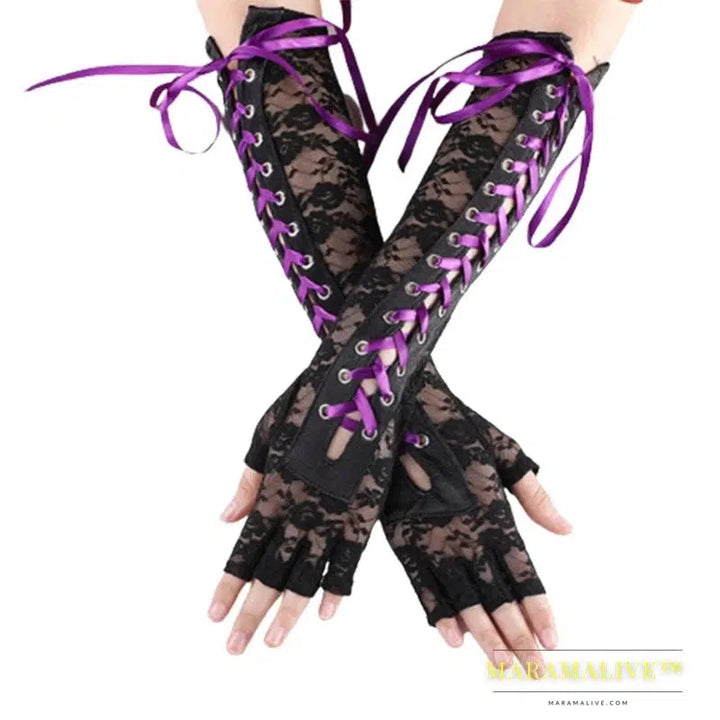 Women Sexy Lace Long Gloves Winter Elbow Length Half-finger Gloves Ribbon Fingerless Fishnet Mesh Etiquette Party Goth Gloves