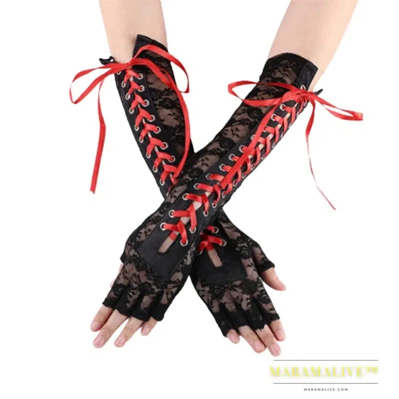 Women Sexy Lace Long Gloves Winter Elbow Length Half-finger Gloves Ribbon Fingerless Fishnet Mesh Etiquette Party Goth Gloves