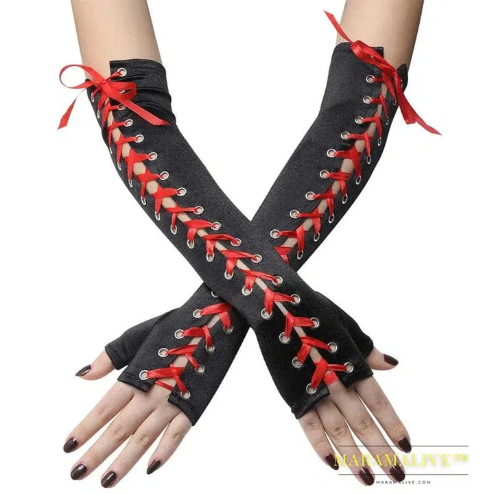 Women Sexy Lace Long Gloves Winter Elbow Length Half-finger Gloves Ribbon Fingerless Fishnet Mesh Etiquette Party Goth Gloves