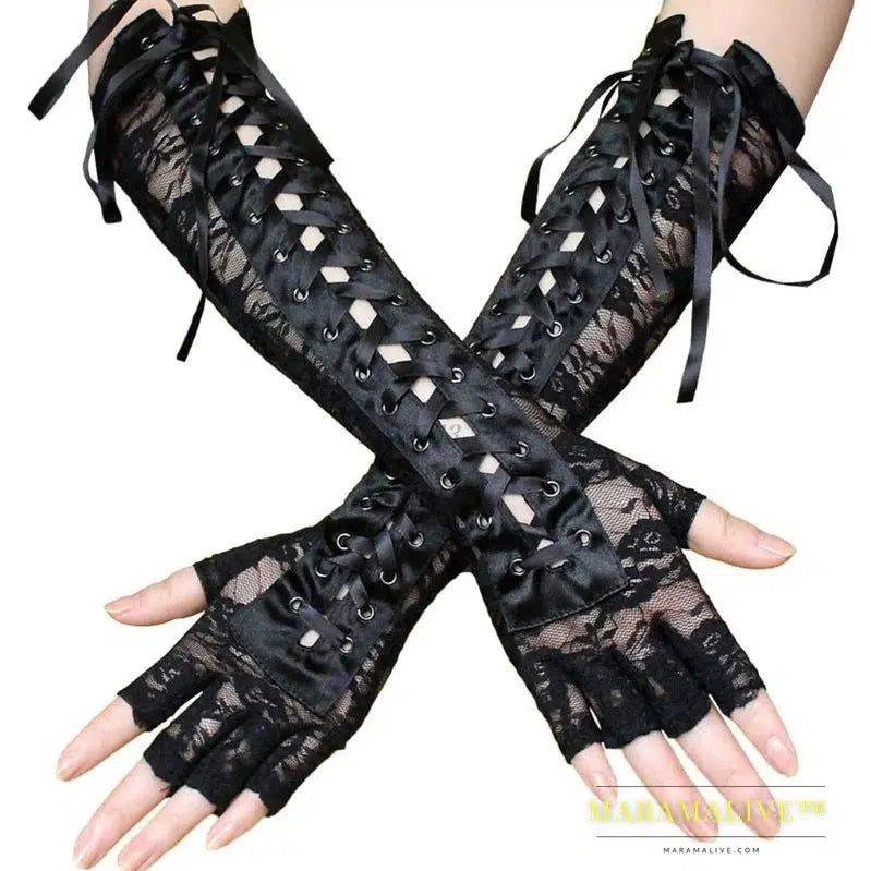 Women Sexy Lace Long Gloves Winter Elbow Length Half-finger Gloves Ribbon Fingerless Fishnet Mesh Etiquette Party Goth Gloves