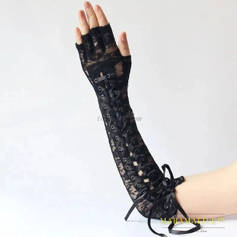 Women Sexy Lace Long Gloves Winter Elbow Length Half-finger Gloves Ribbon Fingerless Fishnet Mesh Etiquette Party Goth Gloves