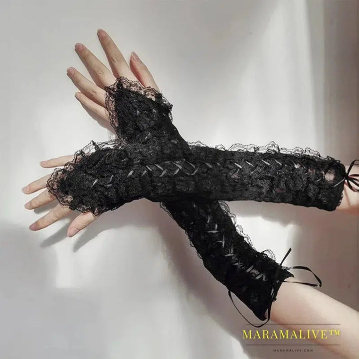 Women Sexy Lace Long Gloves Winter Elbow Length Half-finger Gloves Ribbon Fingerless Fishnet Mesh Etiquette Party Goth Gloves