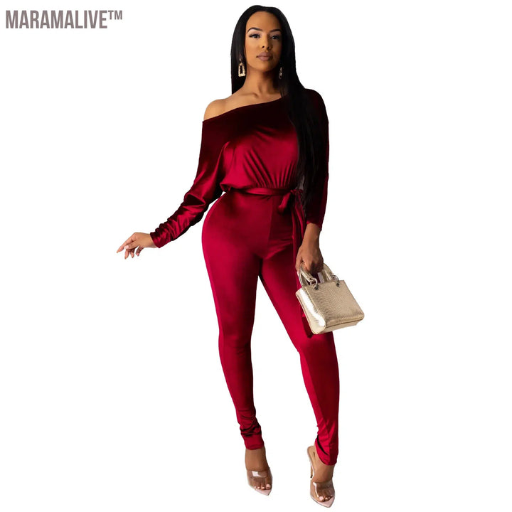 Women Sexy Long Sleeve Elegant Velvet Jumpsuit Autumn And Winter Fashion Solid Color Elastic Force Straight Shoulder Jumpsuit