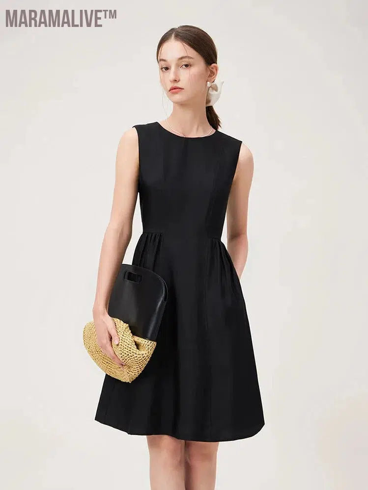 Women Sleeveless Long Dress Black Knee-Length A-LINE Dress 2024 Summer Elegant Office Lady Dress