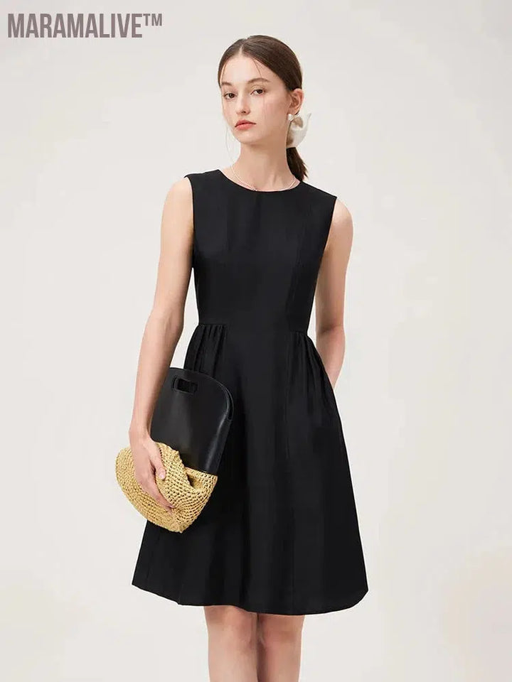 Women Sleeveless Long Dress Black Knee-Length A-LINE Dress 2024 Summer Elegant Office Lady Dress