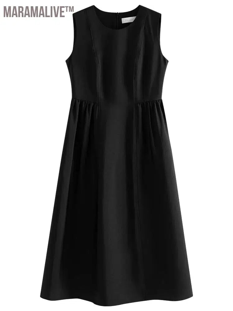 Women Sleeveless Long Dress Black Knee-Length A-LINE Dress 2024 Summer Elegant Office Lady Dress