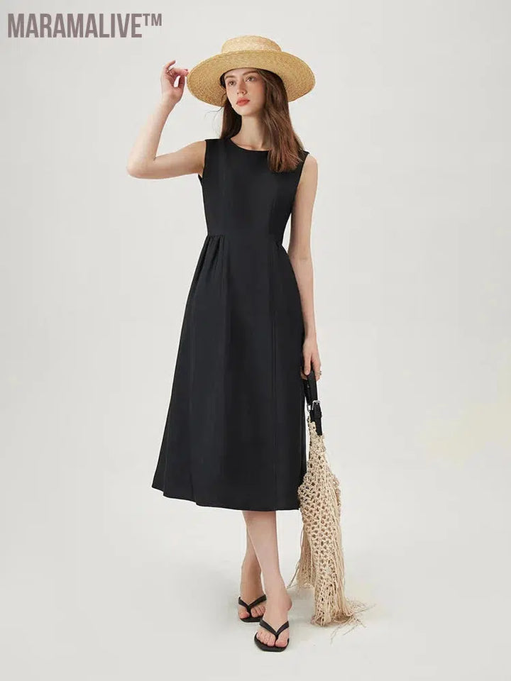 Women Sleeveless Long Dress Black Knee-Length A-LINE Dress 2024 Summer Elegant Office Lady Dress