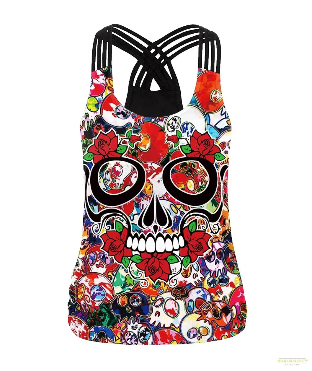 Women Slim Black Tee Gothic Style Skeleton Print Vest Tank Tops Sleeveless Women Halloween Sleeveless Tops Tee