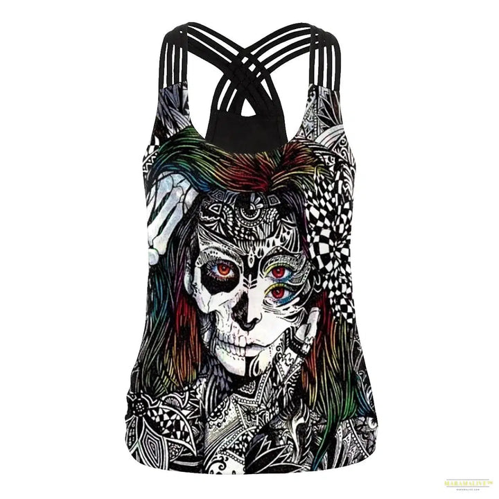 Women Slim Black Tee Gothic Style Skeleton Print Vest Tank Tops Sleeveless Women Halloween Sleeveless Tops Tee