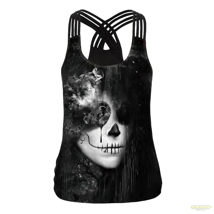 Women Slim Black Tee Gothic Style Skeleton Print Vest Tank Tops Sleeveless Women Halloween Sleeveless Tops Tee