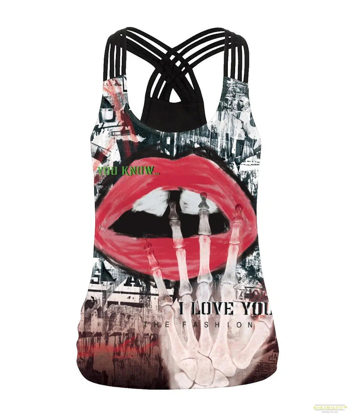 Women Slim Black Tee Gothic Style Skeleton Print Vest Tank Tops Sleeveless Women Halloween Sleeveless Tops Tee