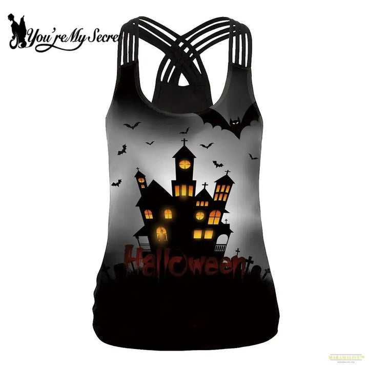 Women Slim Black Tee Gothic Style Skeleton Print Vest Tank Tops Sleeveless Women Halloween Sleeveless Tops Tee