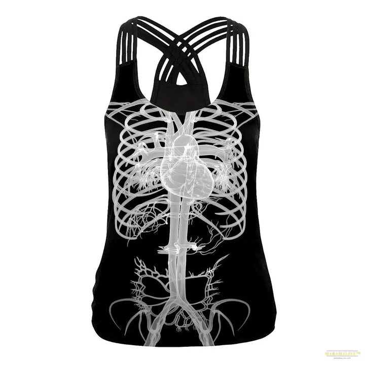 Women Slim Black Tee Gothic Style Skeleton Print Vest Tank Tops Sleeveless Women Halloween Sleeveless Tops Tee