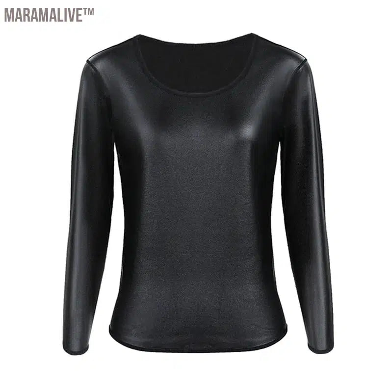 Women Stand collar Leather Long Sleeves Shirt Motorcycle Biker tops Body Shaper Waist Trainer Slim Tshirt Fashion Shapewear tops