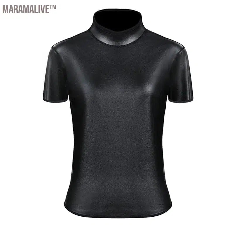 Women Stand collar Leather Long Sleeves Shirt Motorcycle Biker tops Body Shaper Waist Trainer Slim Tshirt Fashion Shapewear tops